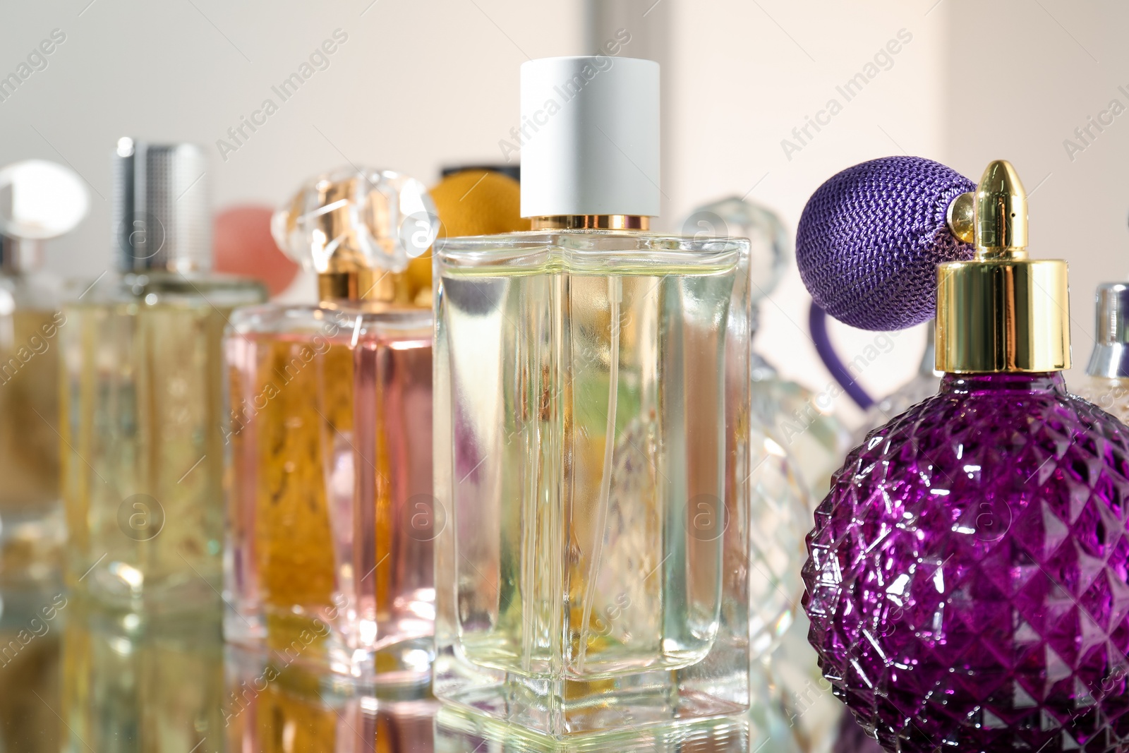 Photo of Different aromatic perfumes in bottles on mirror surface, closeup