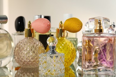 Photo of Different aromatic perfumes in bottles on mirror surface, closeup