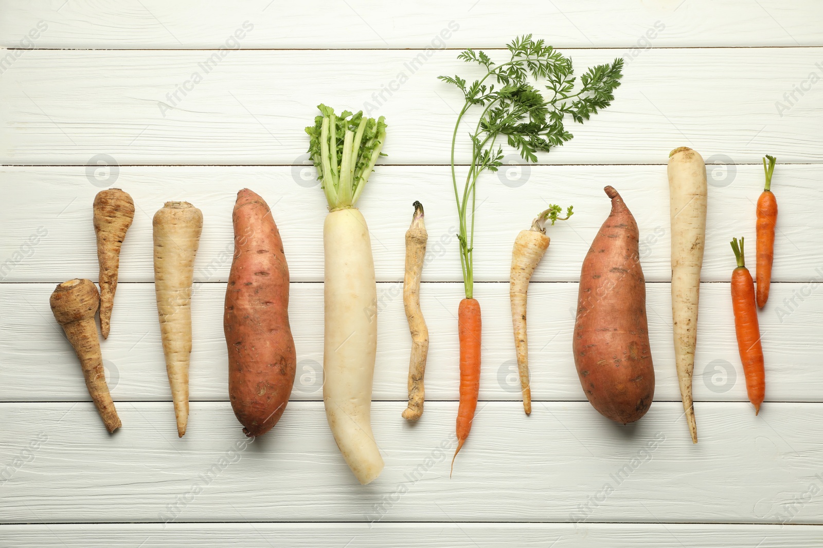 Photo of Different root vegetables on white wooden table, flat lay