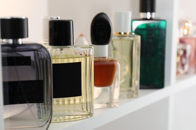 Photo of Different bottles of luxury perfume on shelf in store, closeup