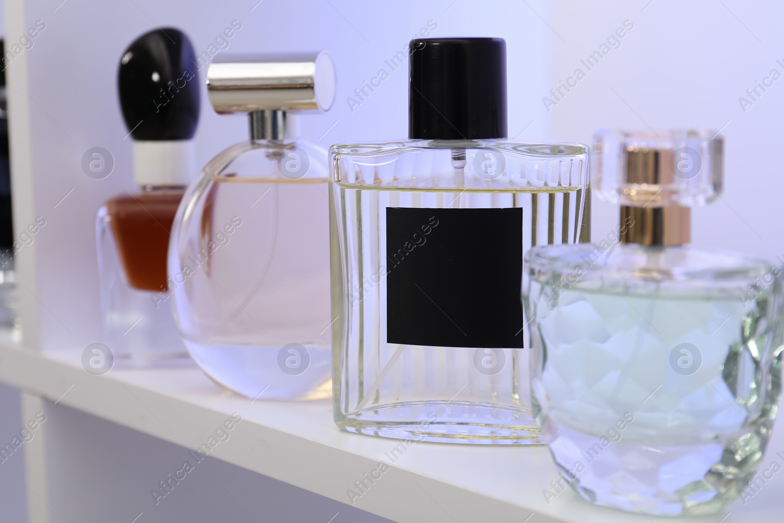 Photo of Different bottles of luxury perfume on shelf in store, closeup