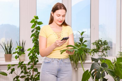 Photo of Woman using houseplant recognition application on smartphone indoors