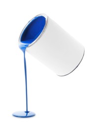 Photo of Blue paint flowing down from can on white background