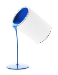 Photo of Blue paint flowing down from can on white background