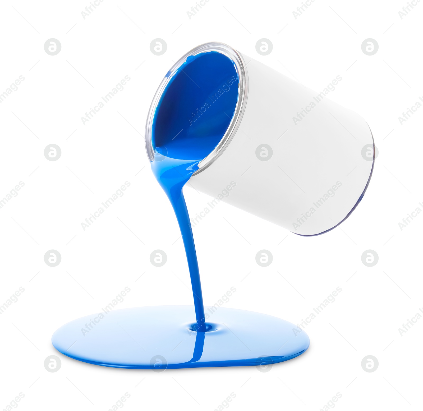 Photo of Blue paint flowing down from can on white background