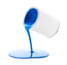 Photo of Blue paint flowing down from can on white background