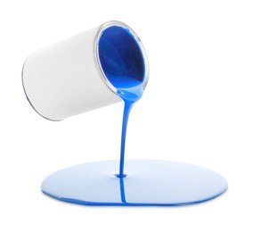 Photo of Blue paint flowing down from can on white background