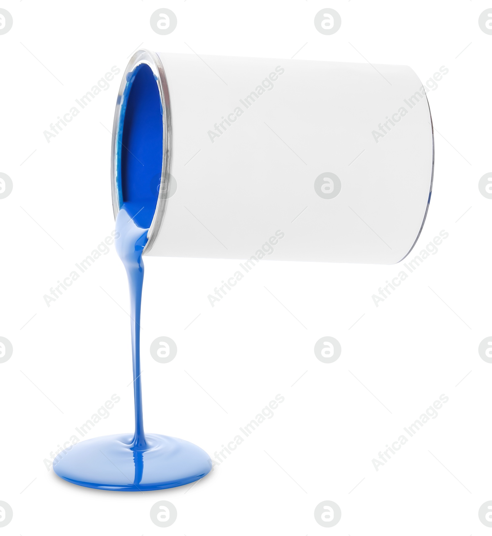 Photo of Blue paint flowing down from can on white background