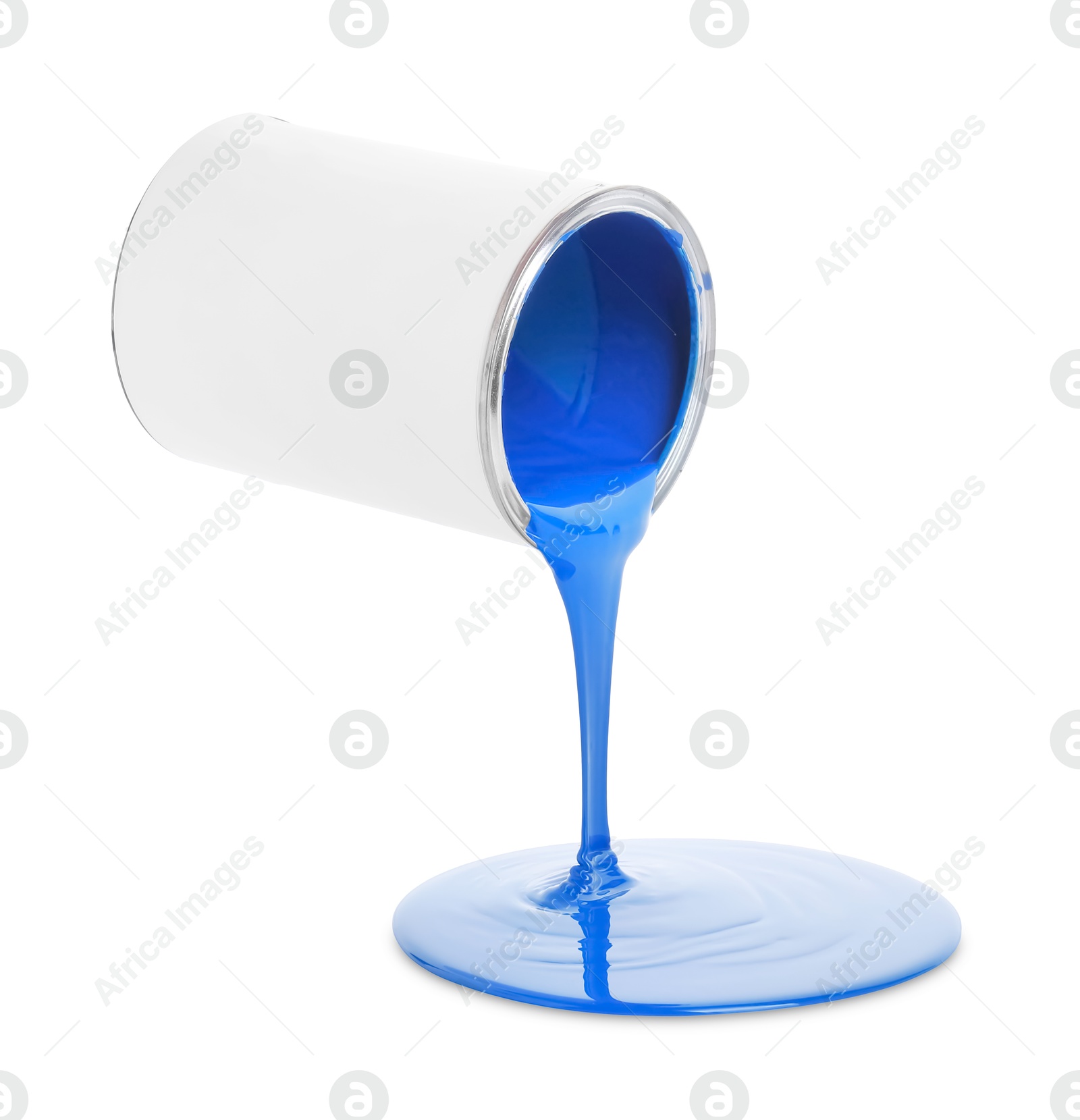 Photo of Blue paint flowing down from can on white background