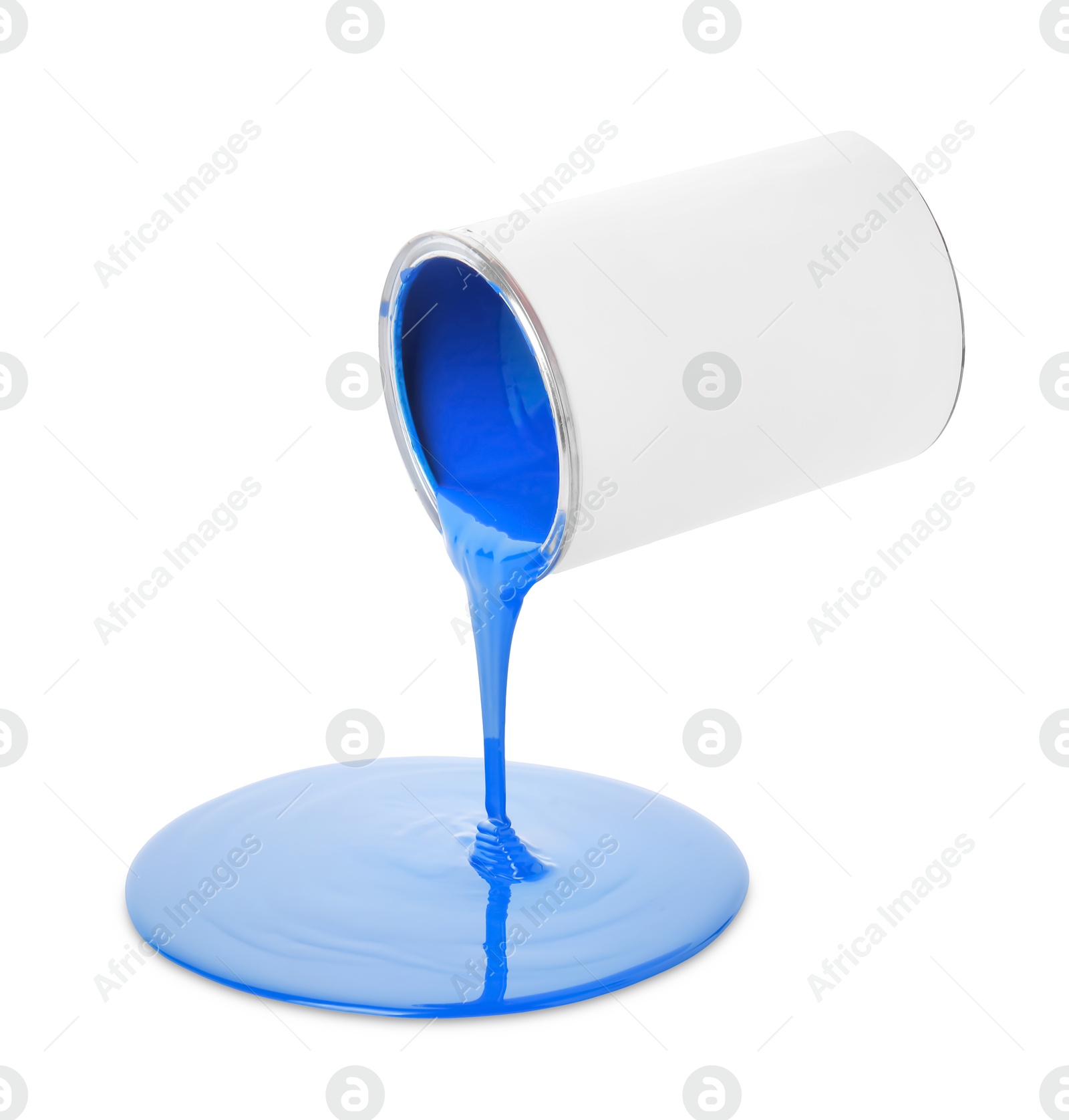 Photo of Blue paint flowing down from can on white background