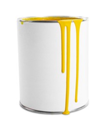 Photo of Can with yellow paint isolated on white