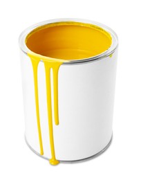 Photo of Can with yellow paint isolated on white