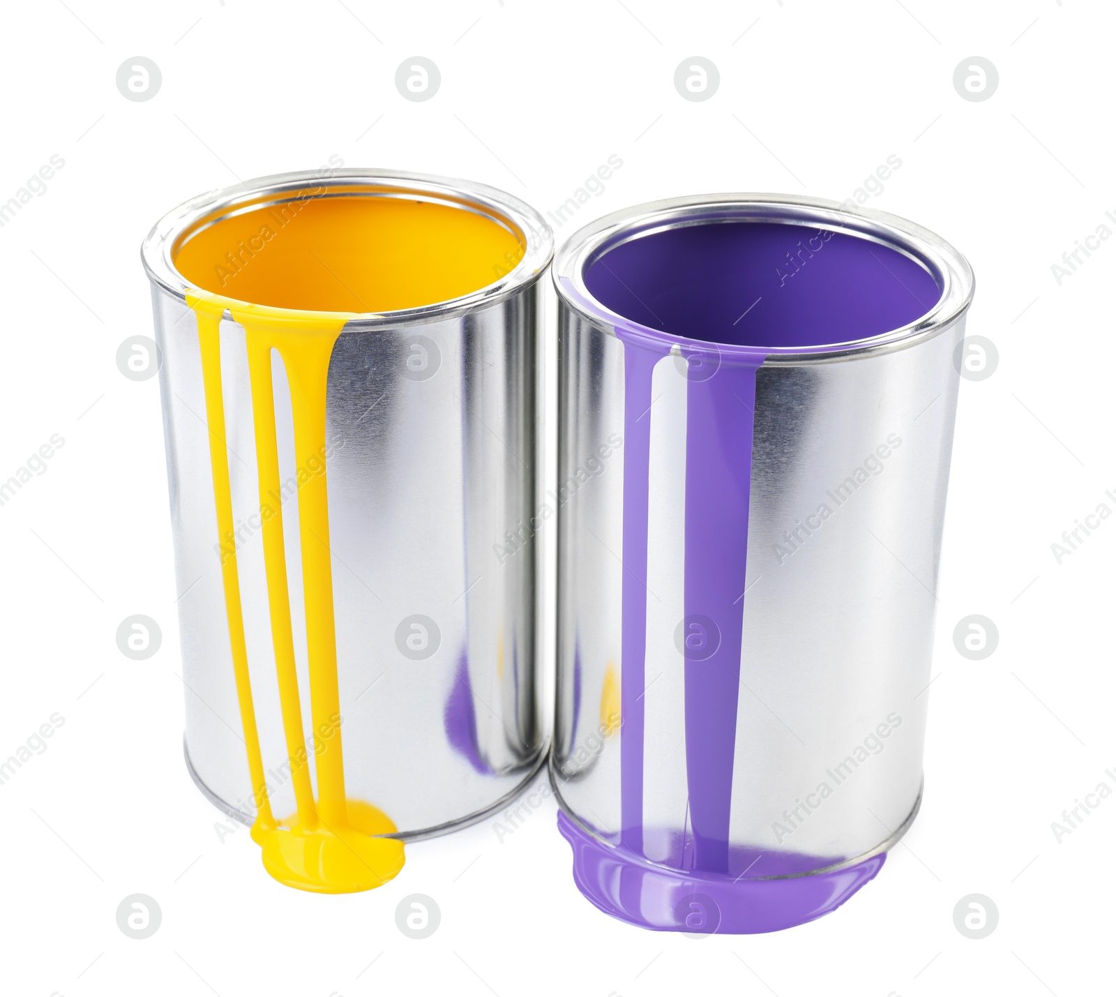 Photo of Cans of violet and yellow paints isolated on white