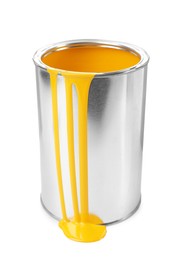 Photo of Can of yellow paint isolated on white