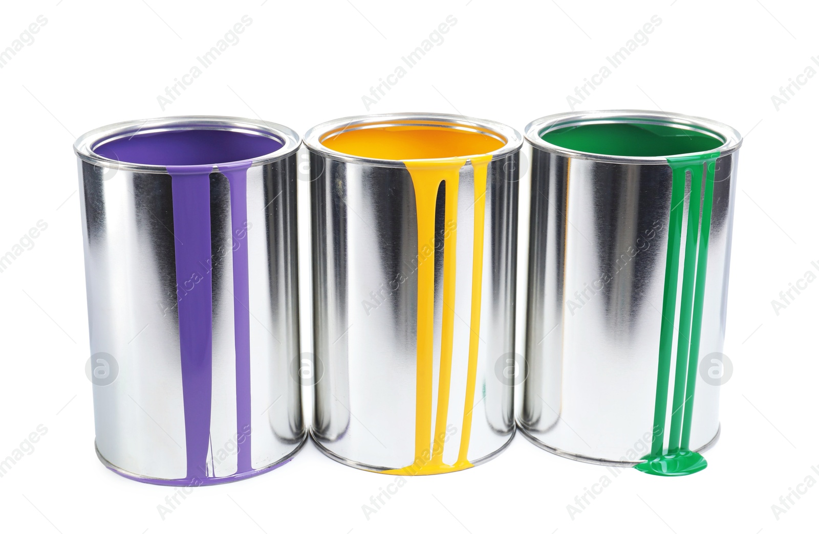 Photo of Cans of different paints isolated on white