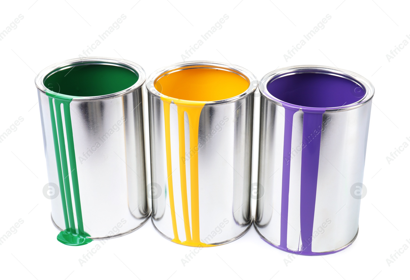 Photo of Cans of different paints isolated on white