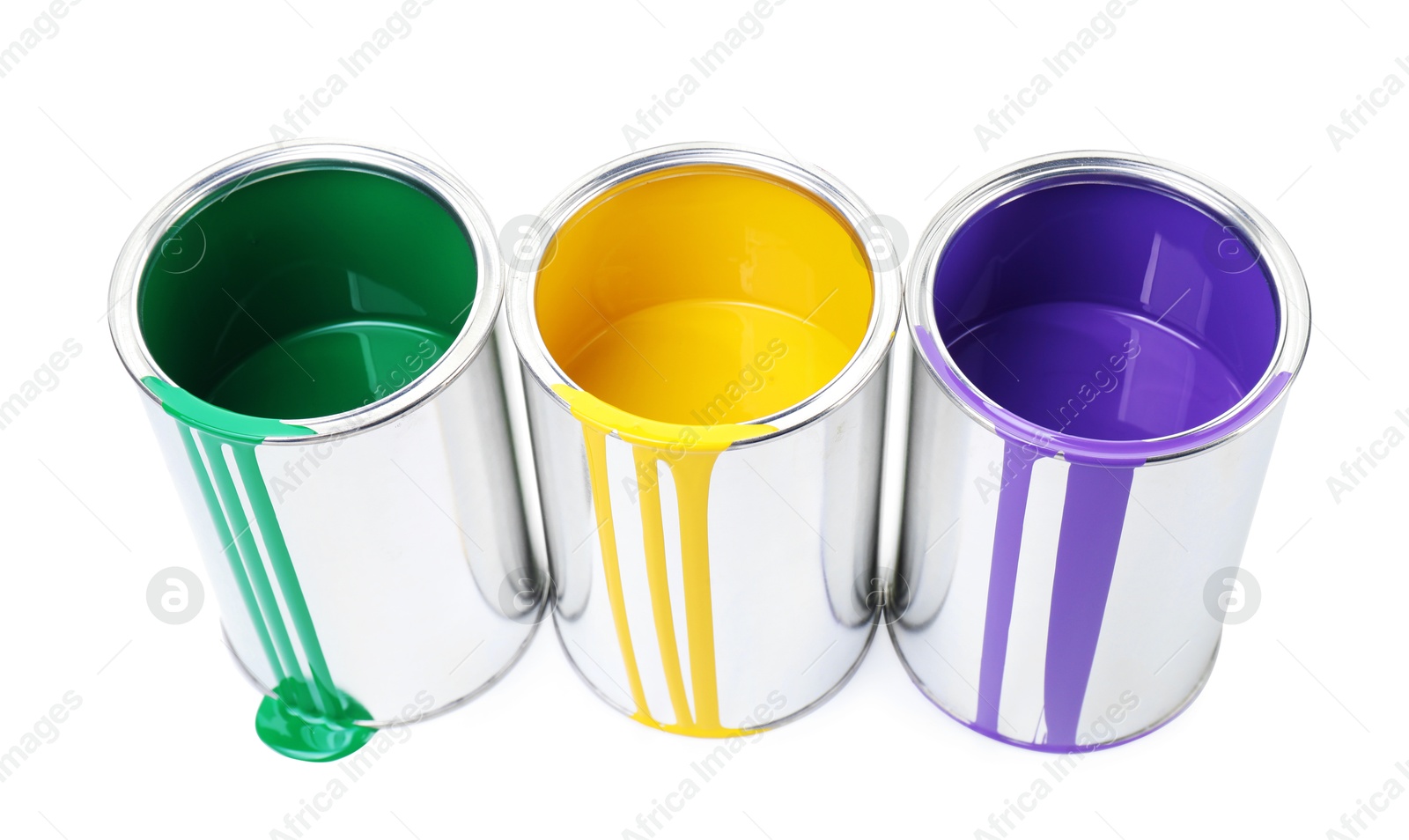 Photo of Cans of different paints isolated on white