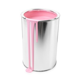 Photo of Can of pink paint isolated on white