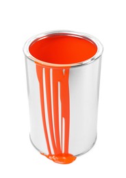 Photo of Can of orange paint isolated on white