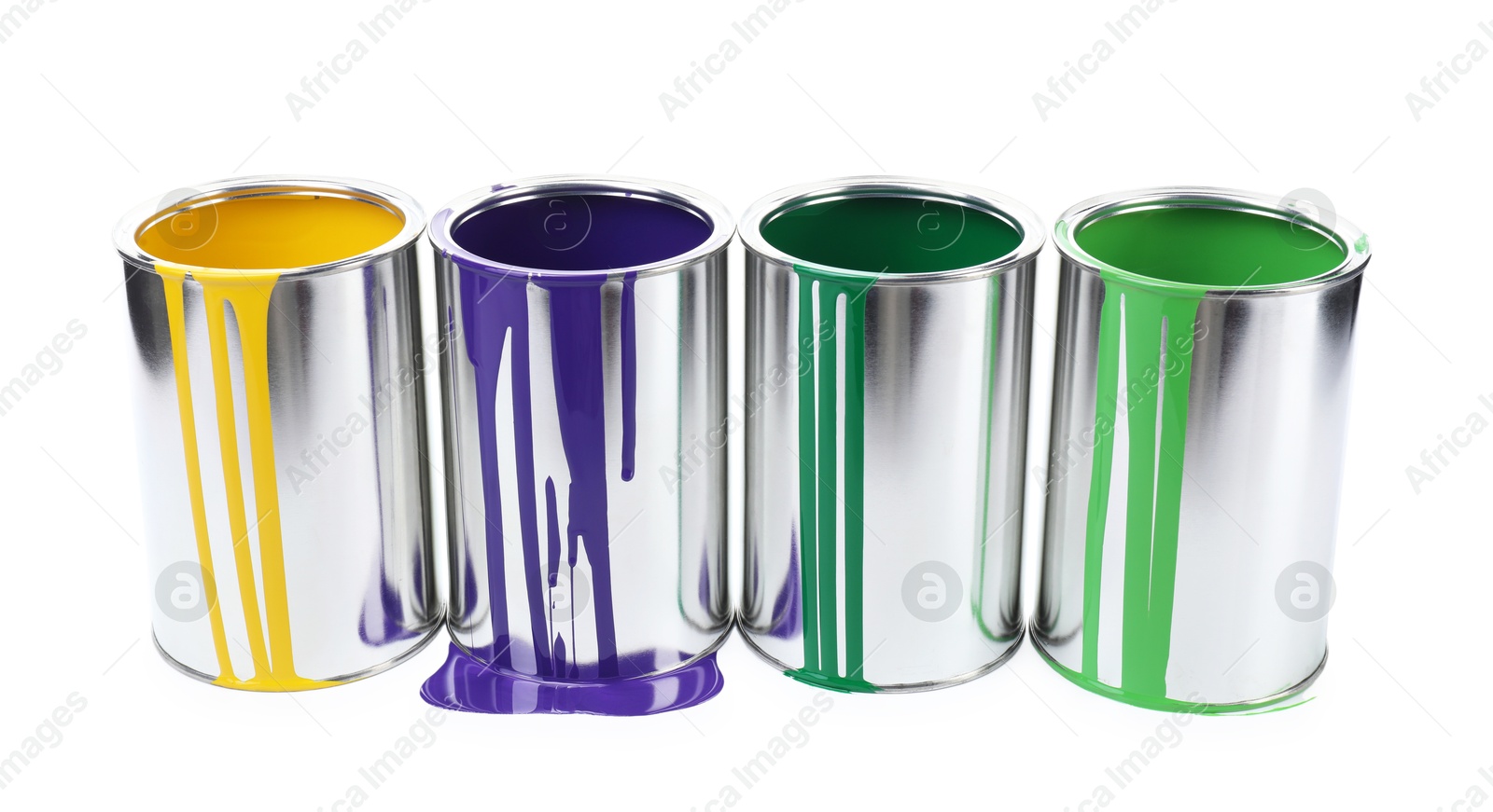 Photo of Cans of different paints isolated on white