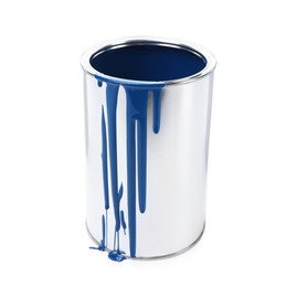 Photo of Can of blue paint isolated on white