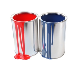 Photo of Cans of red and blue paints isolated on white