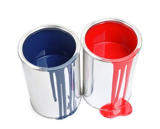 Photo of Cans of red and blue paints isolated on white