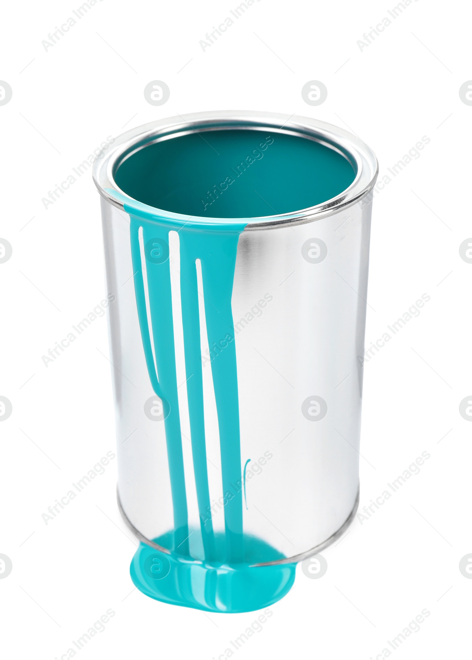 Photo of Can of turquoise paint isolated on white