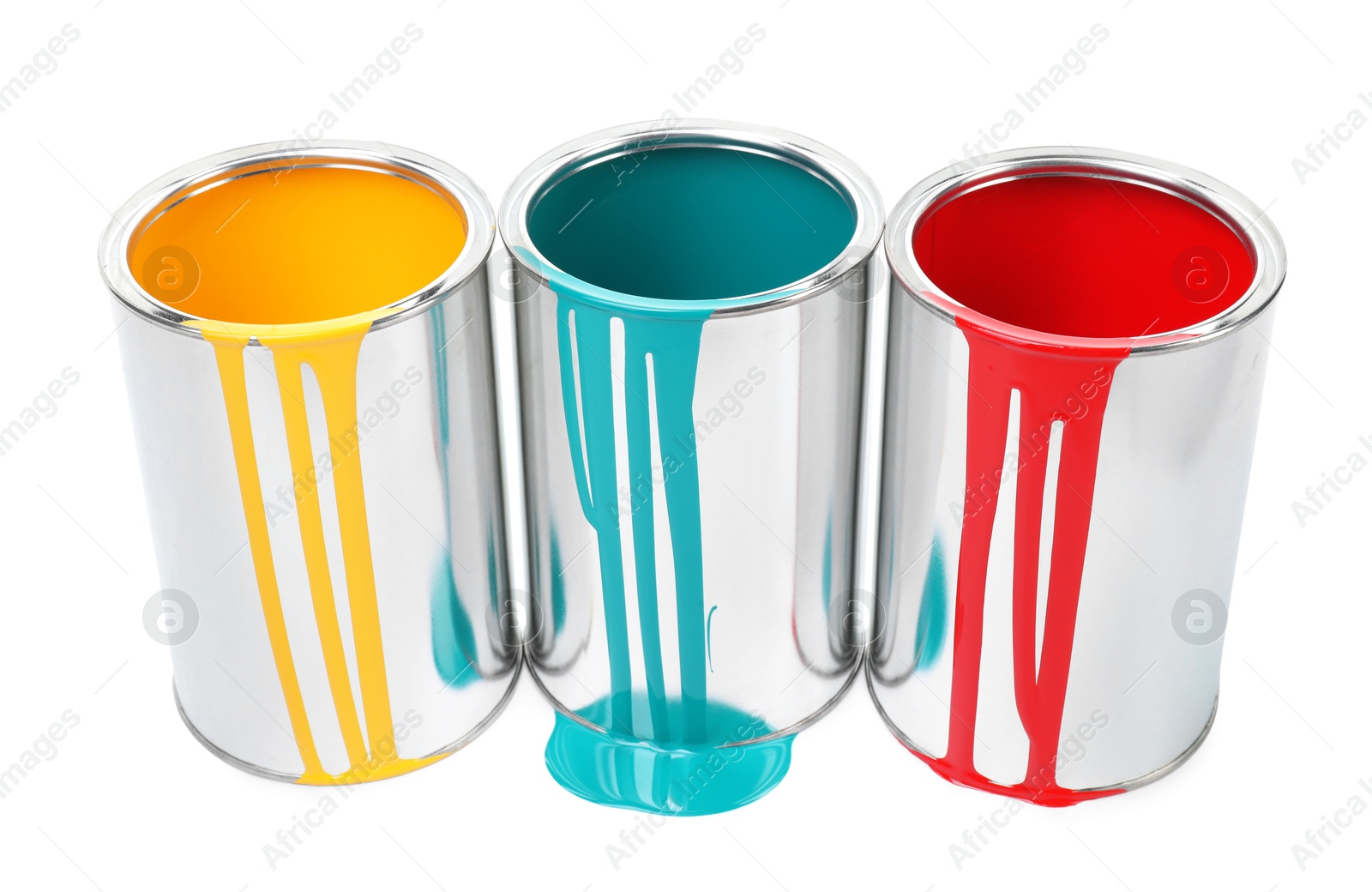 Photo of Cans of different paints isolated on white