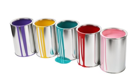 Photo of Cans of different paints isolated on white