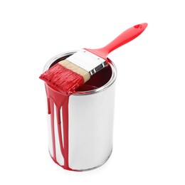 Photo of Can of red paint and brush isolated on white