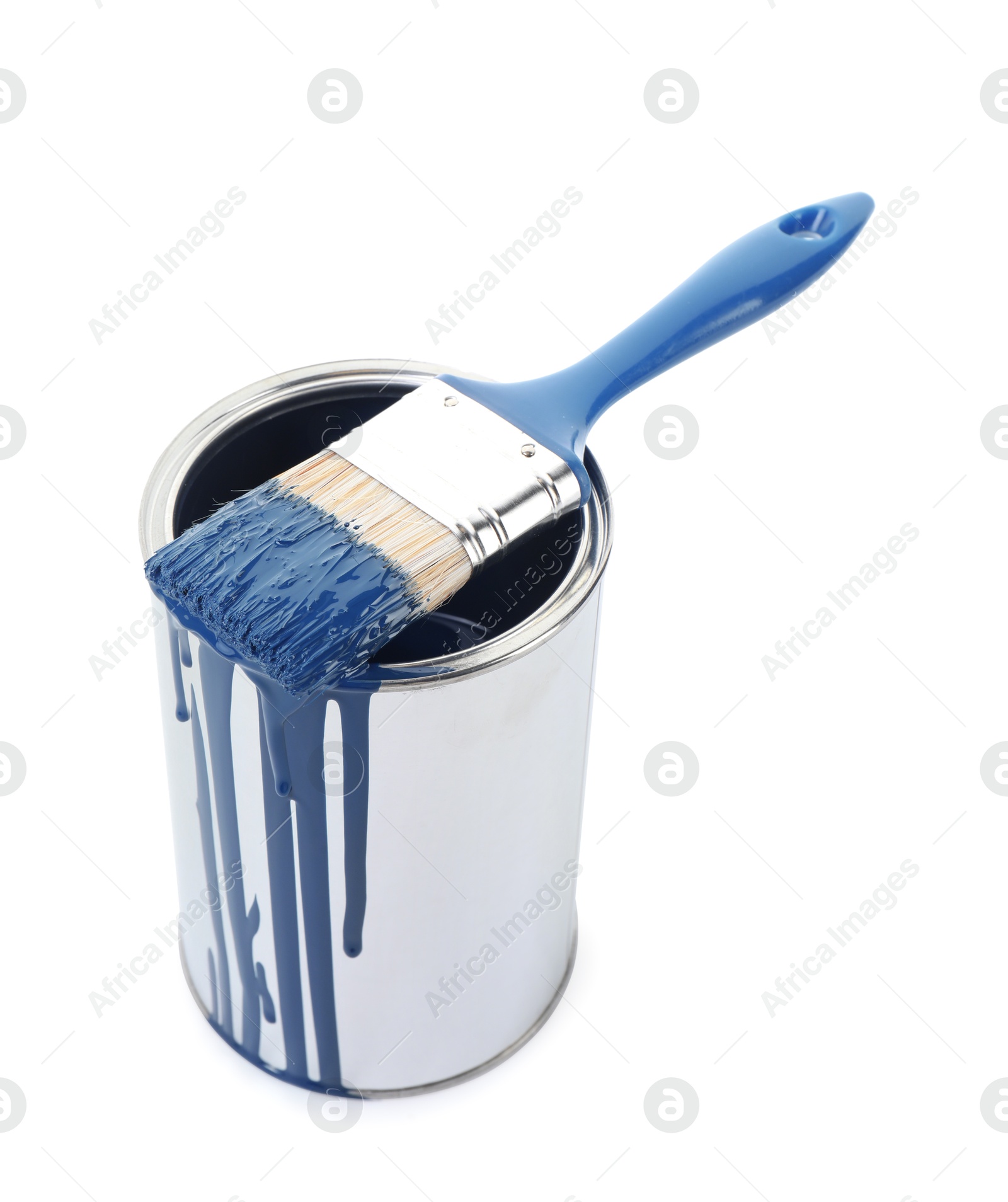 Photo of Can of blue paint and brush isolated on white