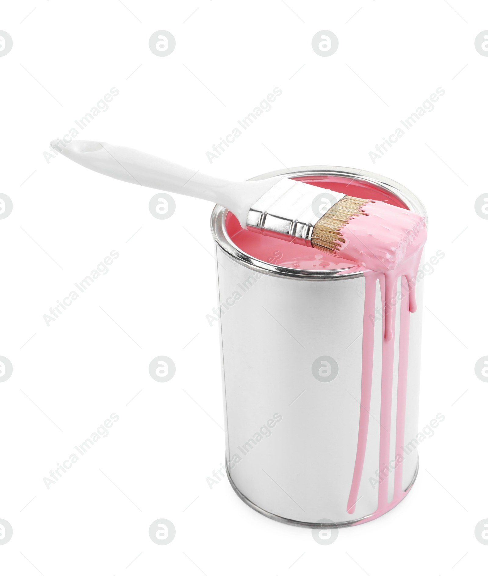 Photo of Can of pink paint and brush isolated on white