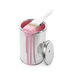 Photo of Can of pink paint and brush isolated on white