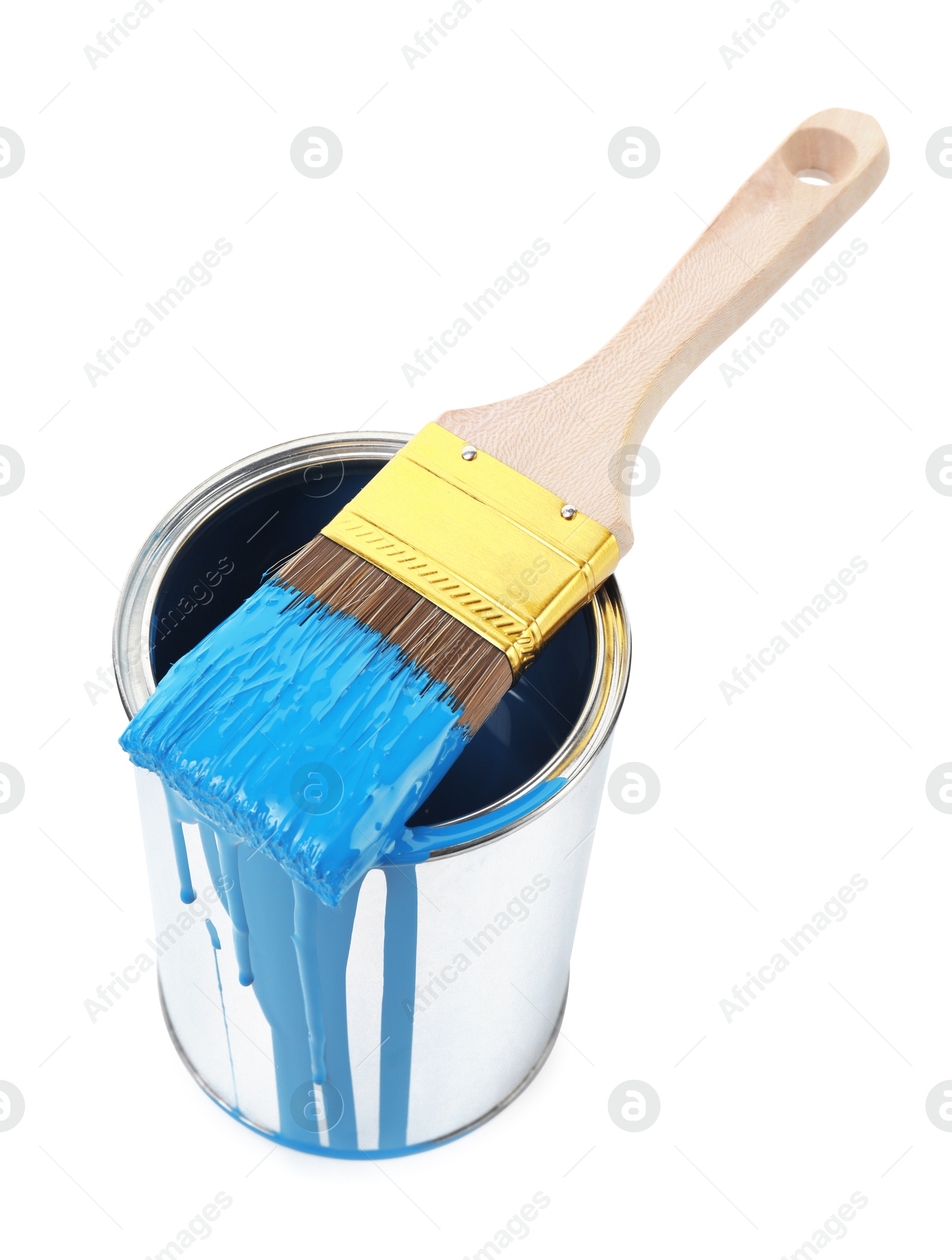 Photo of Can of light blue paint and brush isolated on white