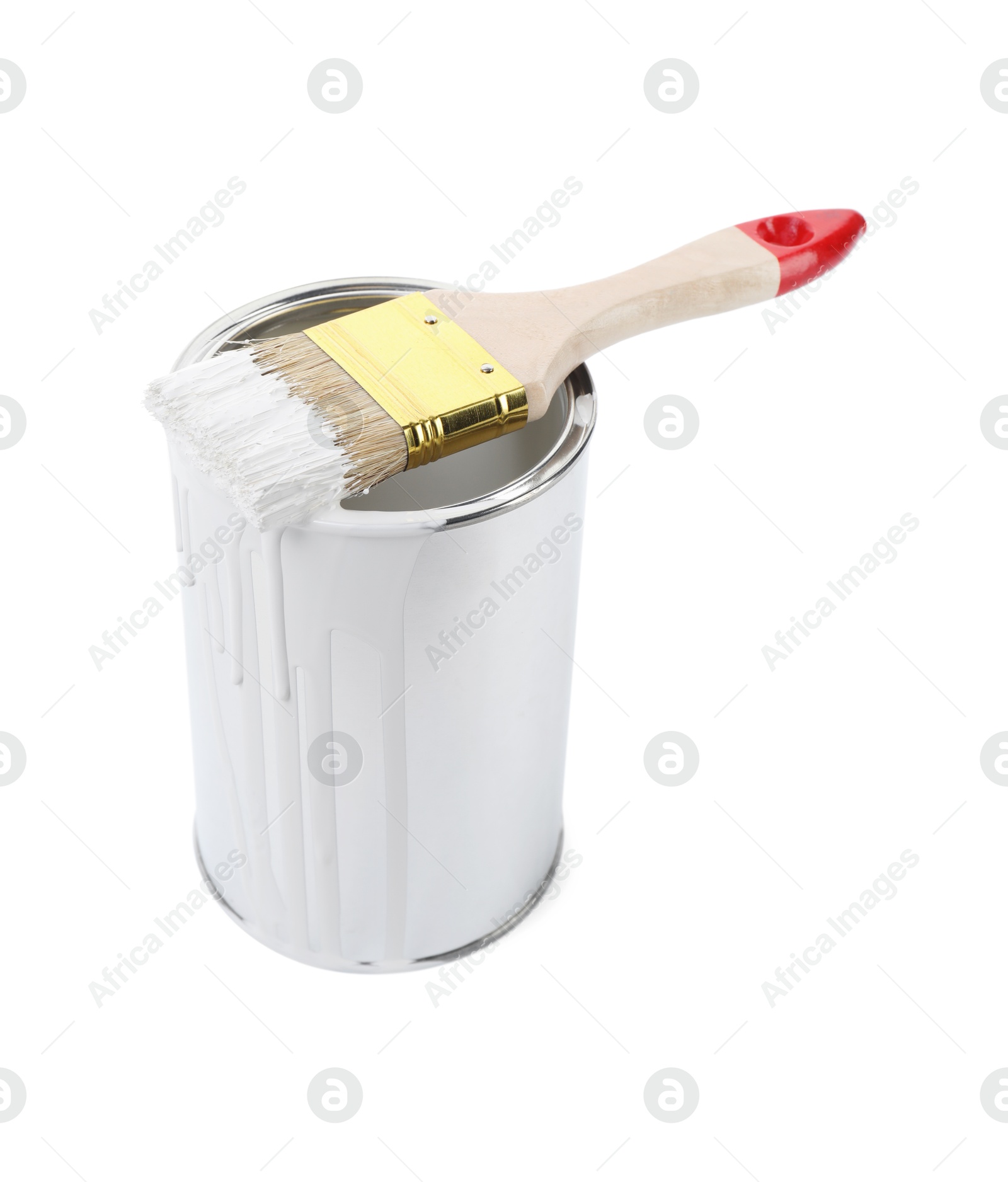 Photo of Can of paint and brush isolated on white