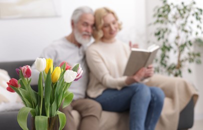 Photo of Senior man and mature woman reading book at home, selective focus. Happy couple