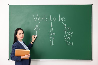 English teacher during lesson near chalkboard in classroom