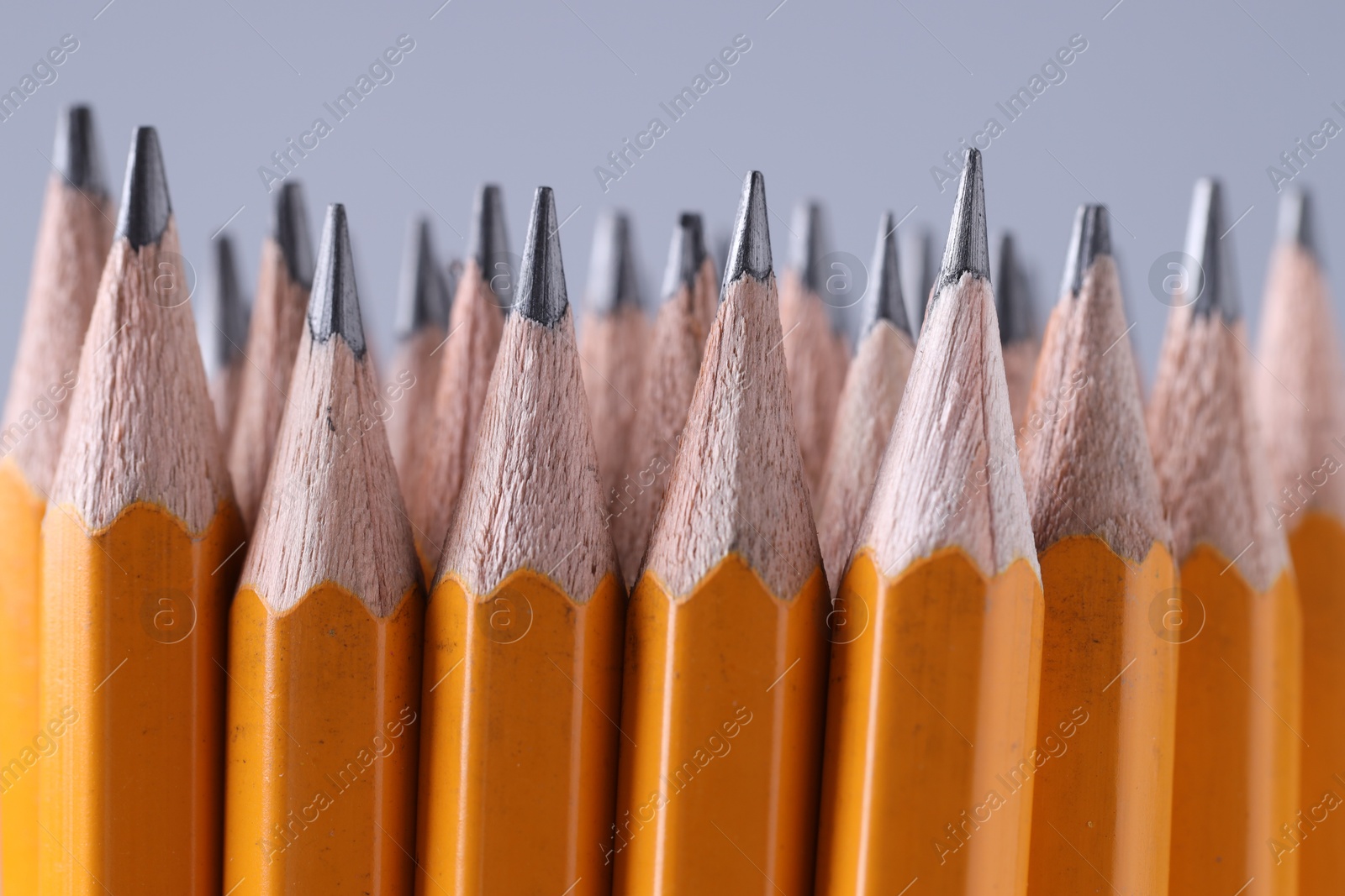 Photo of Many pencils on light grey background, closeup