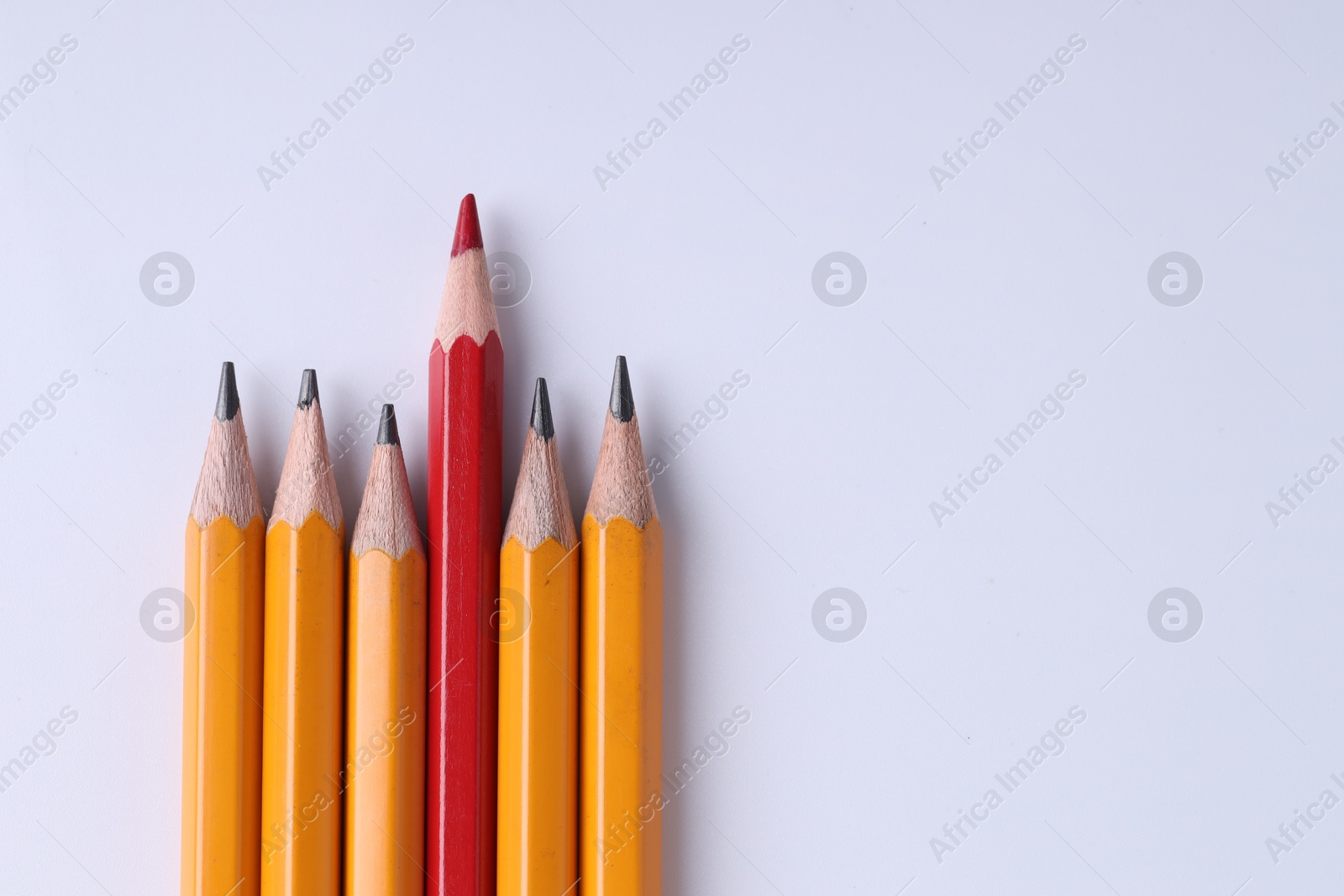 Photo of One red pencil among graphite ones on light grey background, top view. Space for text