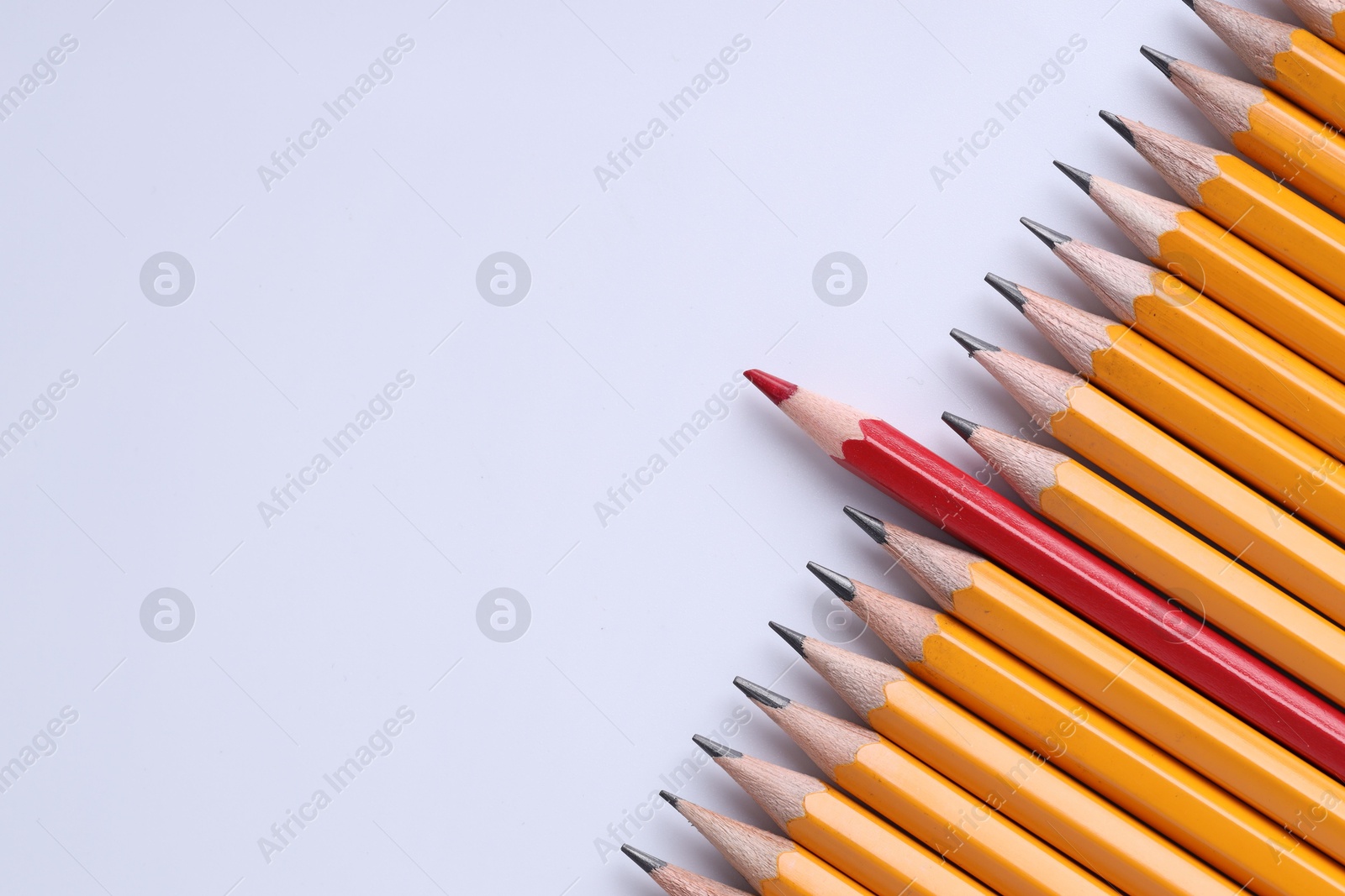 Photo of One red pencil among graphite ones on light grey background, top view. Space for text