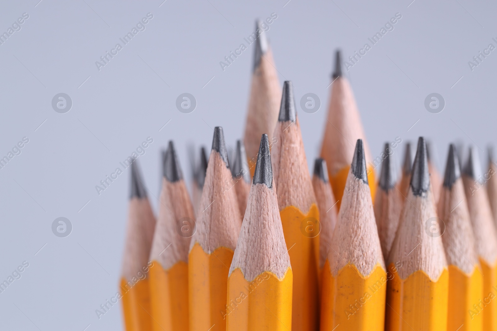 Photo of Many pencils on light grey background, closeup