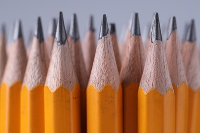 Many pencils on light grey background, closeup