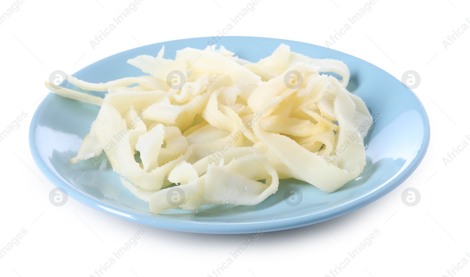 Photo of Dried shredded squid isolated on white. Salty snack