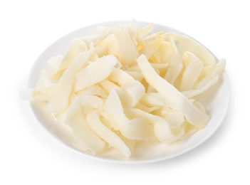 Photo of Dried shredded squid isolated on white. Salty snack