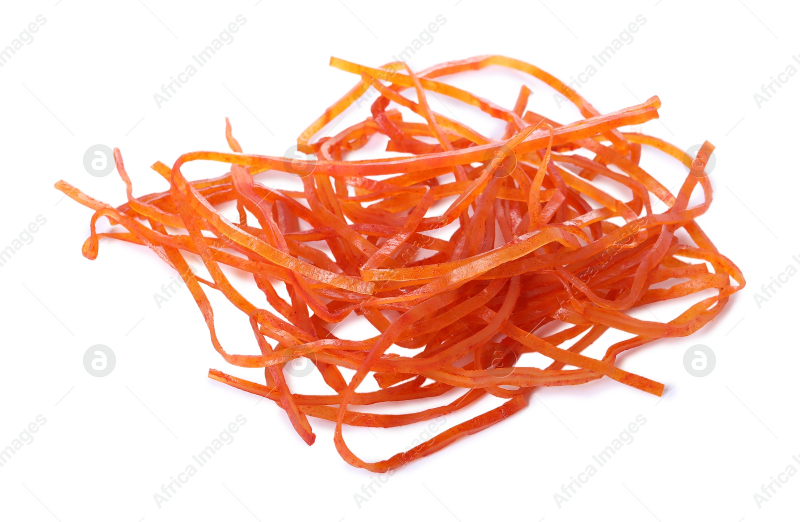 Photo of Dried spicy shredded fish snack isolated on white