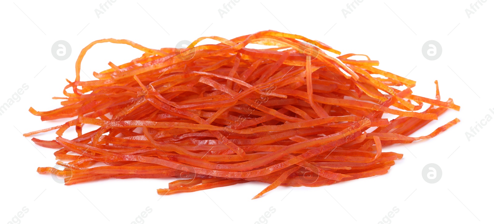 Photo of Dried spicy shredded fish snack isolated on white