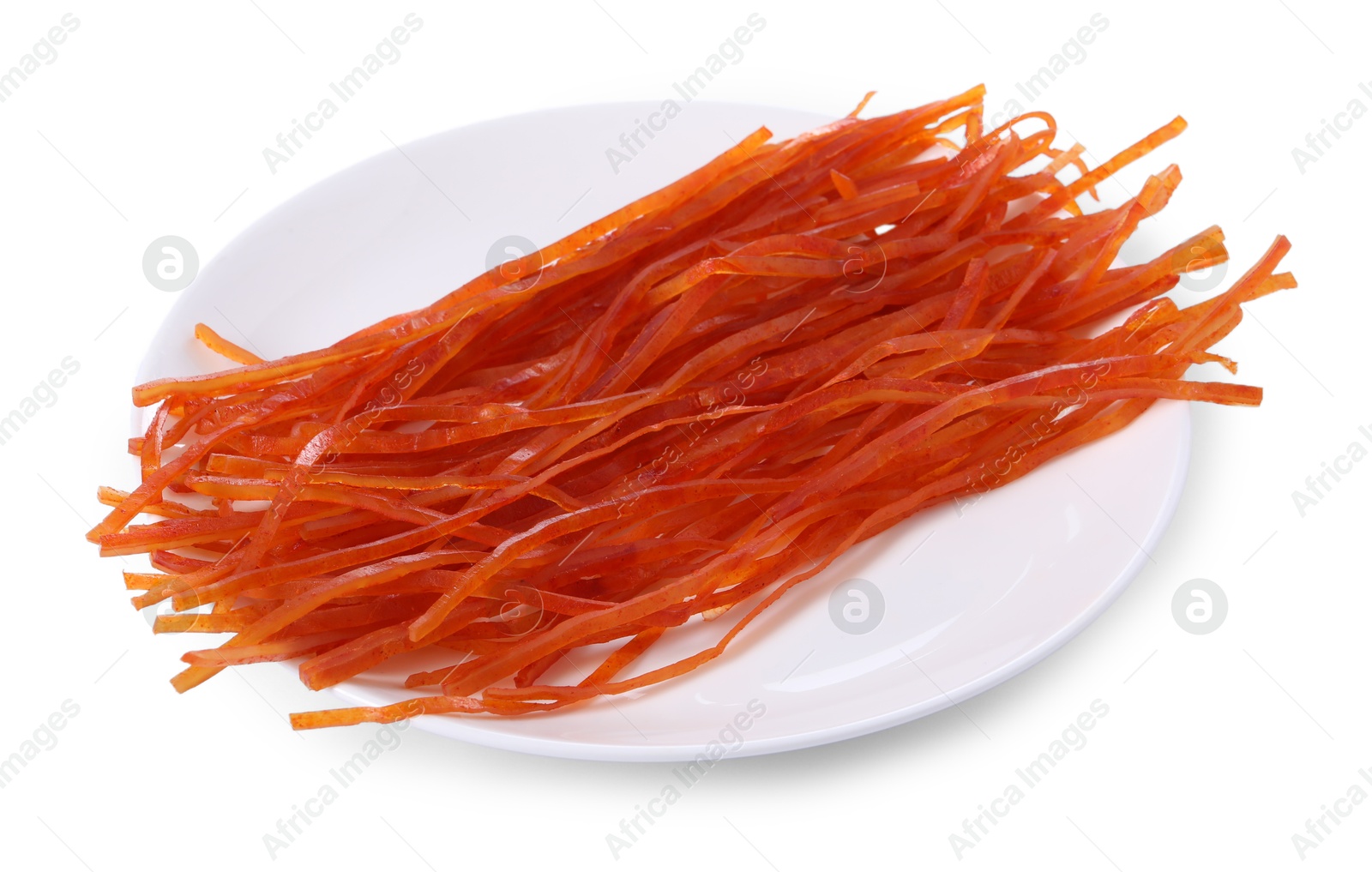 Photo of Dried spicy shredded fish snack isolated on white