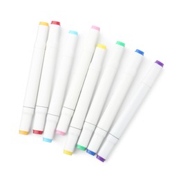 Photo of Many double-sided marker pens on white background, top view