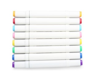 Photo of Many double-sided marker pens on white background, top view